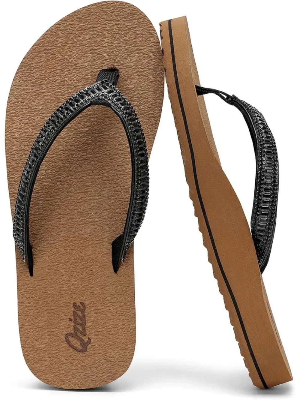 Women's Black Khaki Summer Comfortable Flip Flops with Rhinestone Thong Sandals